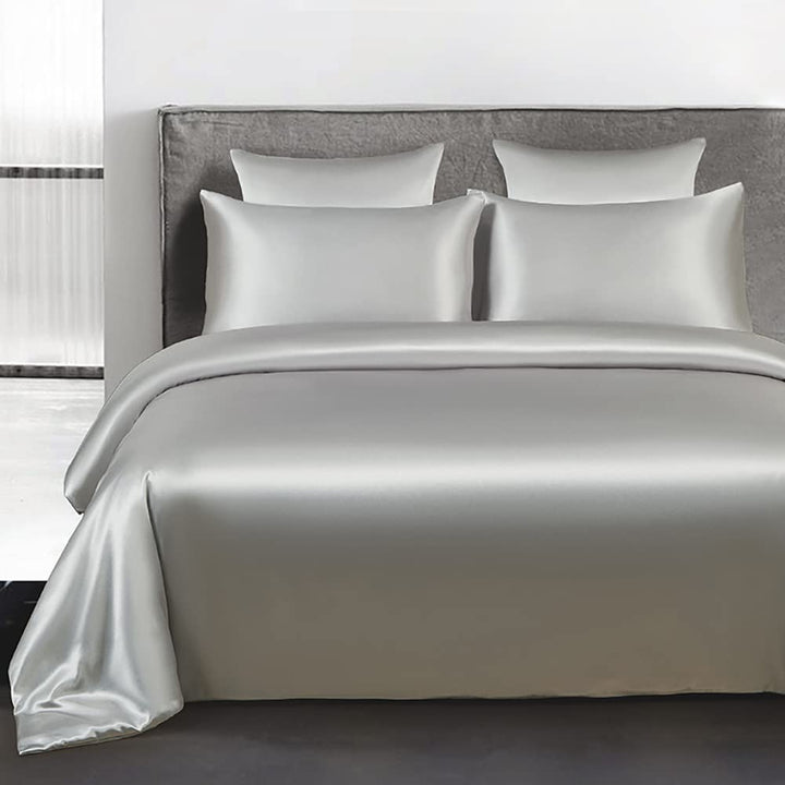 Omela Satin Bettwäsche Set 135x200 Silber Grau Einfarbig Unifarben Glatt Bettbezug mit Reissverschlu