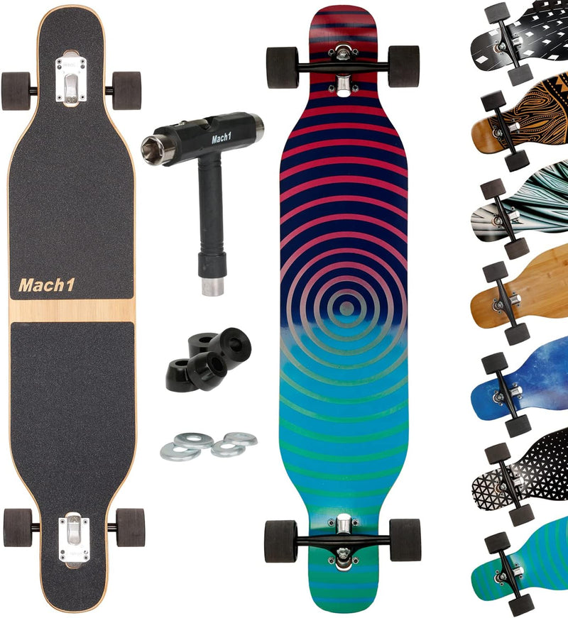 Mach1 Bambus Longboard mit Keramik Kugellager + T-Tool - Skateboard Drop Through Cruiser Komplettboa