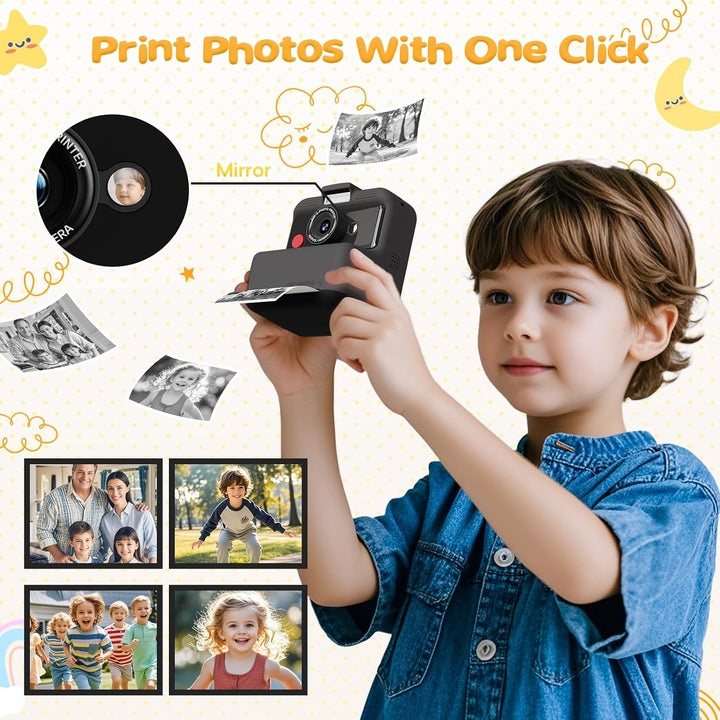 CAMCLID Sofortbildkamera Kinder, 3,0 Zoll Bildschirm, 48MP Kamera 2,5K Schwarz, 2,5K Schwarz
