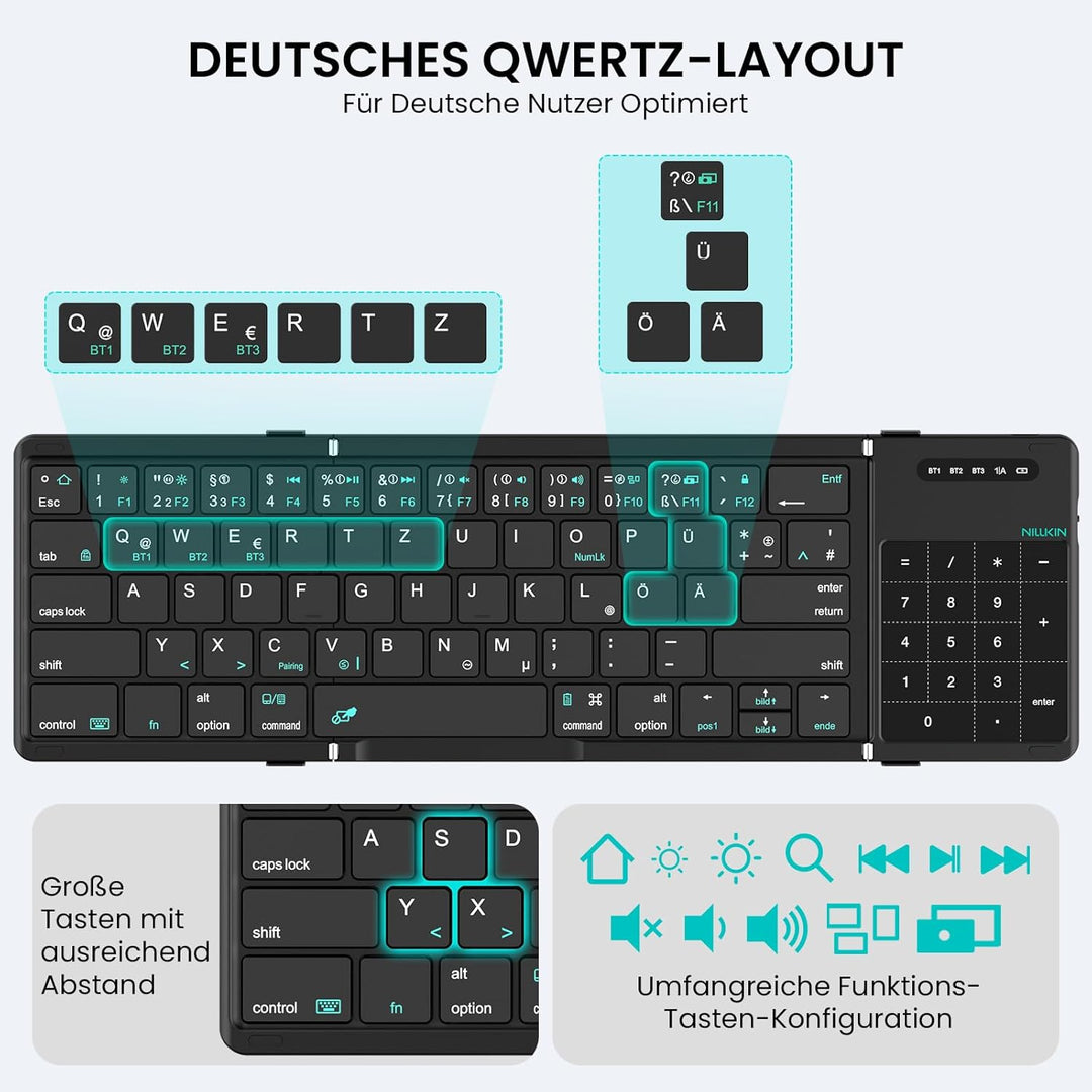 Nillkin Faltbare Bluetooth Tastatur mit Touchpad, Wiederaufladbare QWERTZ-Klapptastatur mit Ziffernb