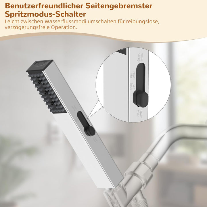 Hibbent 4-fach Edelstahl-Handbrause, Hoher Druck, Robust, 4 Sprühmodi (Wassersparend/Kraft-Nebel/Reg
