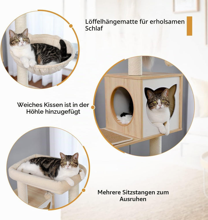 PAWZ Road Moderner Katzenbaum Holz Katzenturm mit Aufbewahrungsschrank Katzentoilette Gehege und ger
