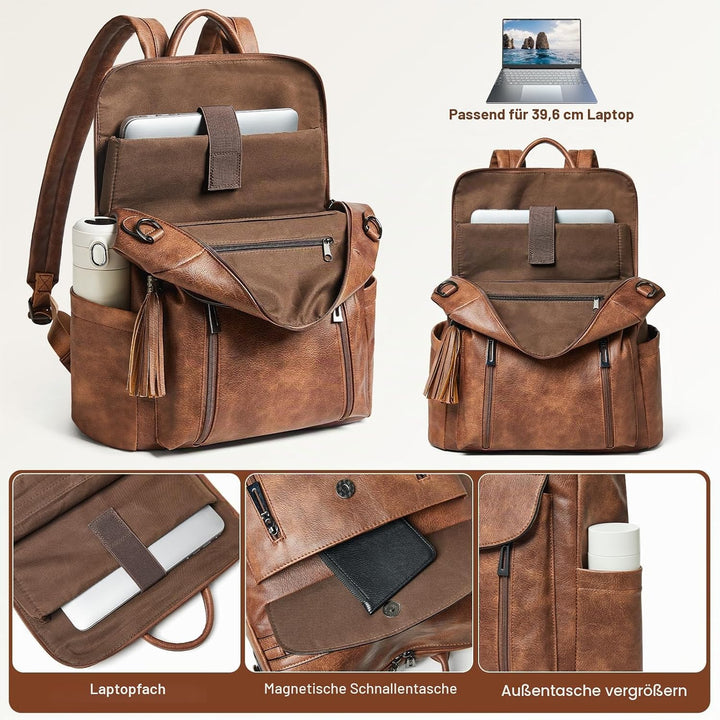 Shrrie Laptop-Rucksack für Damen, 15,6 Zoll Reise-Rucksack aus Leder, Handgepäck-Rucksack Computerta