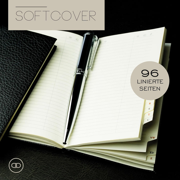 DELMON VARONE - Personalisierbares Adressbuch DIN A7 gebunden mit A-Z Register Soft Grain Premium Le