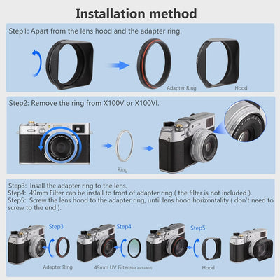 Haoge LH-X200B Gegenlichtblende aus Metall mit 49 mm Adapterring und Metallkappe für Fujifilm Fuji X