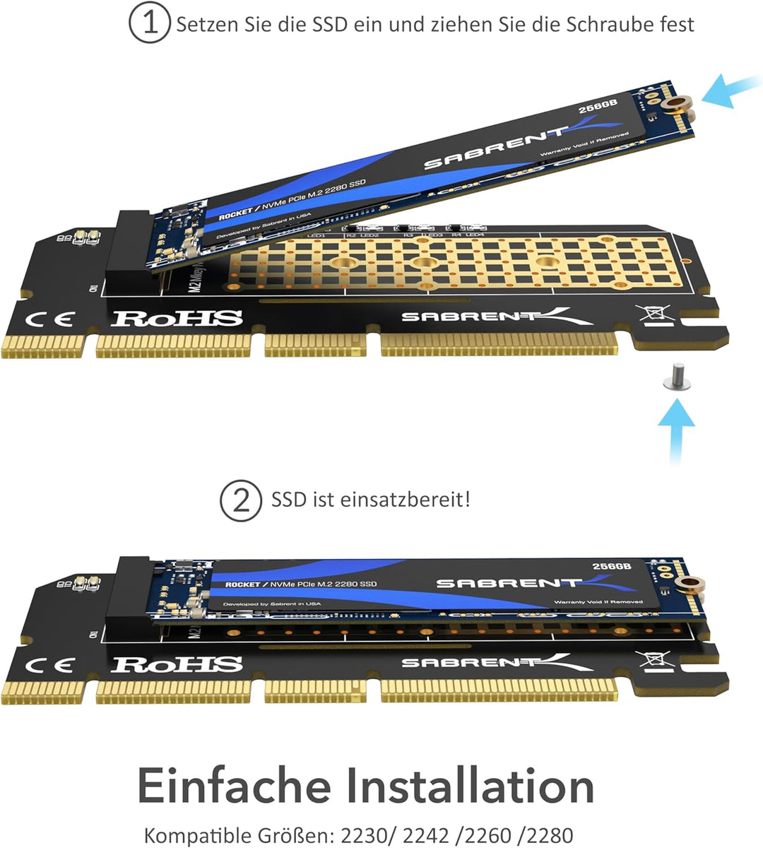 Sabrent M.2 SSD NVMe PCIe Adapter mit Aluminium Kühlkörper und Wärmeleitpad, für SSD 1TB, SSD 2TB, S