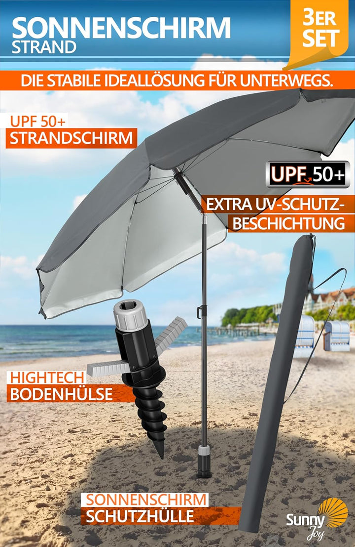 4smile Sonnenschirm Strand Ø 200 cm, 3-in-1 SET mit Bodenhülse, Anthrazit | UPF 50+ Strandschirm + S