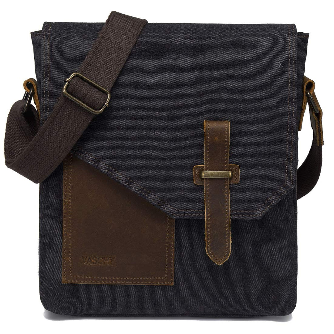 VASCHY Klein Umhängetasche Herren, Vintage Leinwand Herrentasche Echtes Leder Schultertasche Klassis