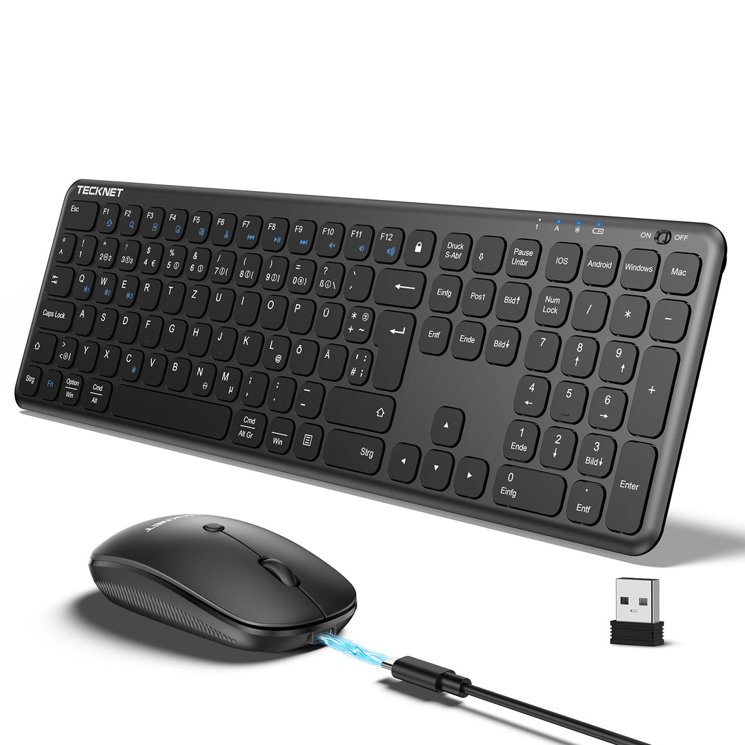 TECKNET Tastatur Maus Set Kabellos, Wiederaufladbare Ultradünne Bluetooth Tastatur mit Maus, Deutsch