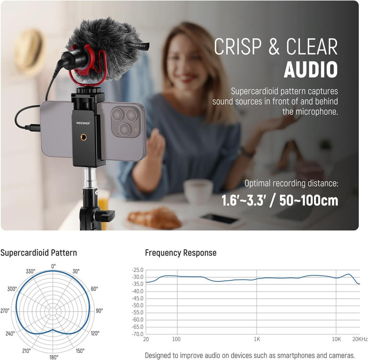 NEEWER Plug & Play Vlog Mikrofon 20–20kHz Mini Supernieren Mic mit 3,5mm TRS USB C OTG Kabel Stossha