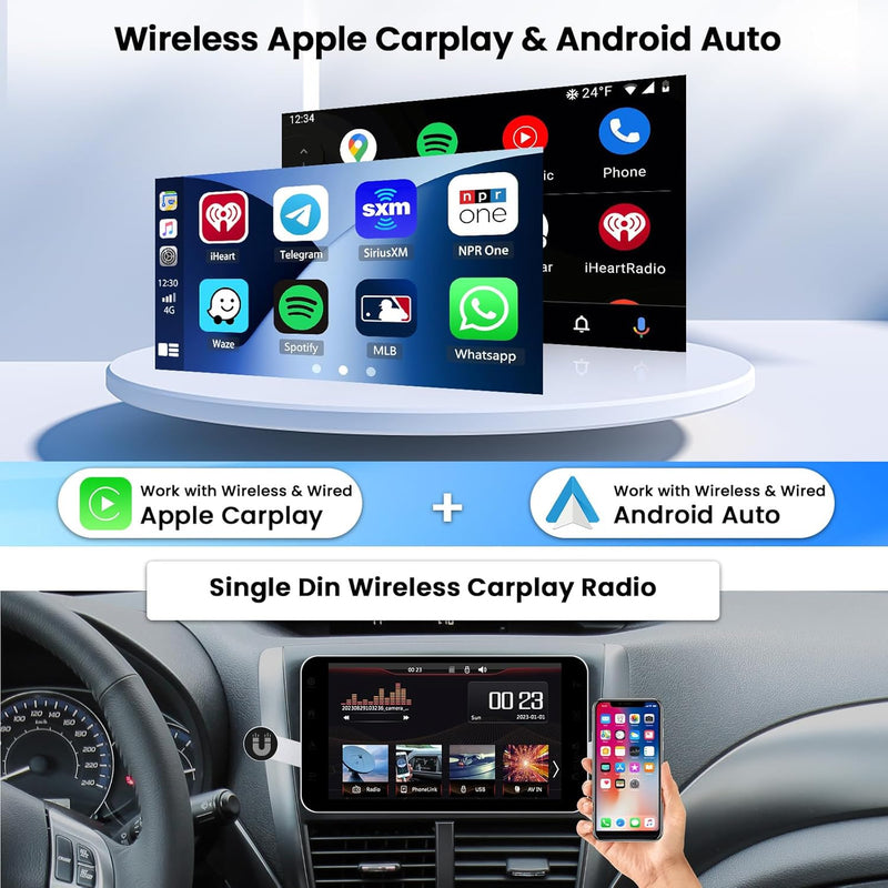 Hikity 1 Din Autoradio mit 9 Zoll Bildschirm, Touchscreen Car Radio mit Wireless CarPlay Android Aut