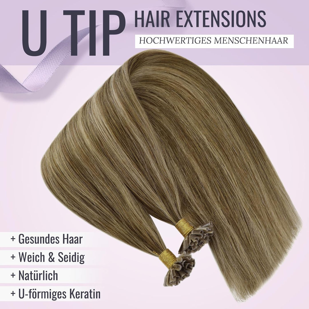 Fshine Bondings Echthaar Extensions Mittelbraun und Karamellblond 50g 35cm U Tip Haarverlangerung Ec