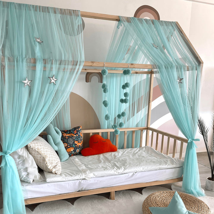 Baby Fancyroom Hausbett Himmel mintgrün Betthimmel Deko Set Kinderzimmer Kinderbett Baldachin Pompon