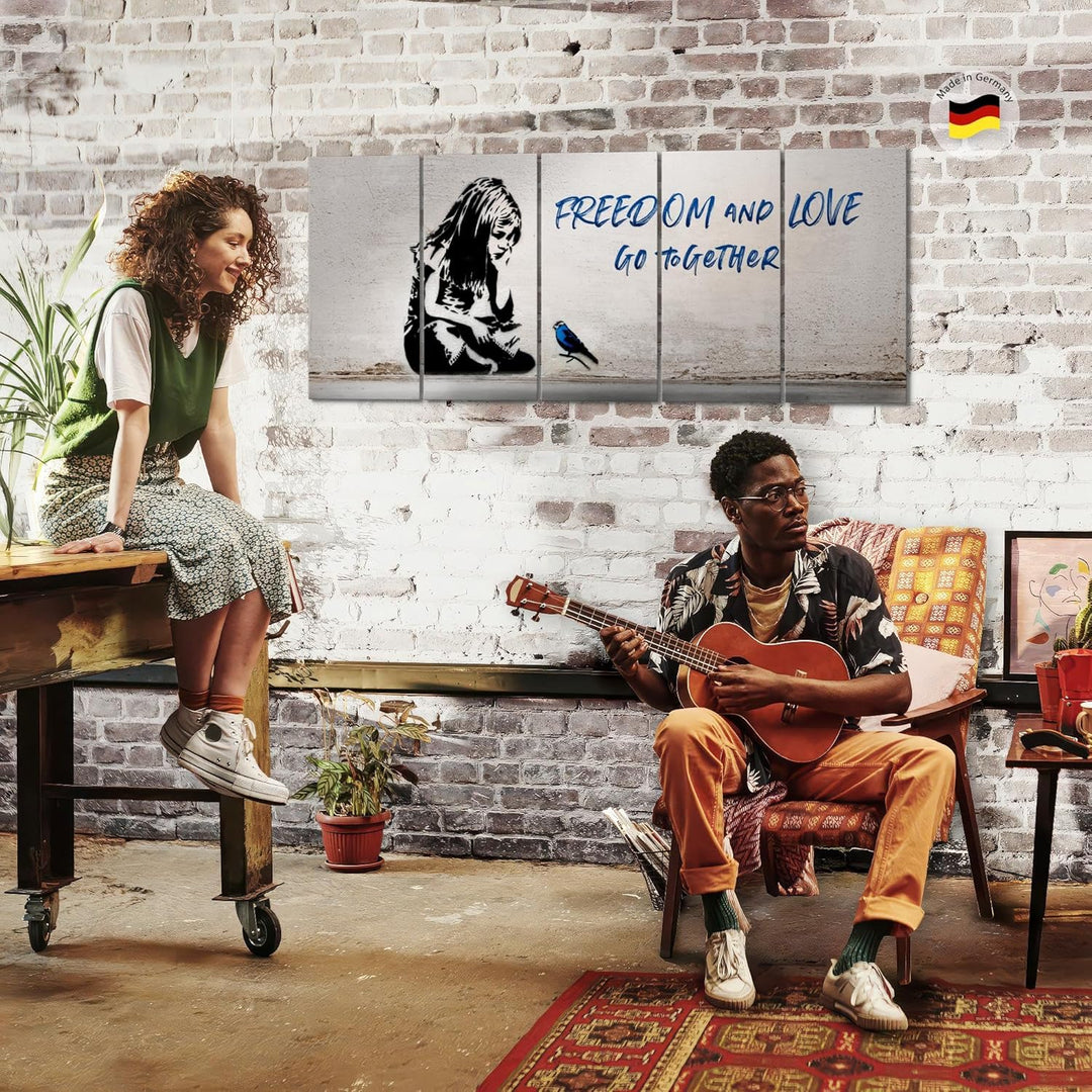 Runa Art Wandbild XXL Banksy Mädchen mit Vogel Loft Wohnzimmer 200 x 80 cm Grau Blau 5 Teilig - Made