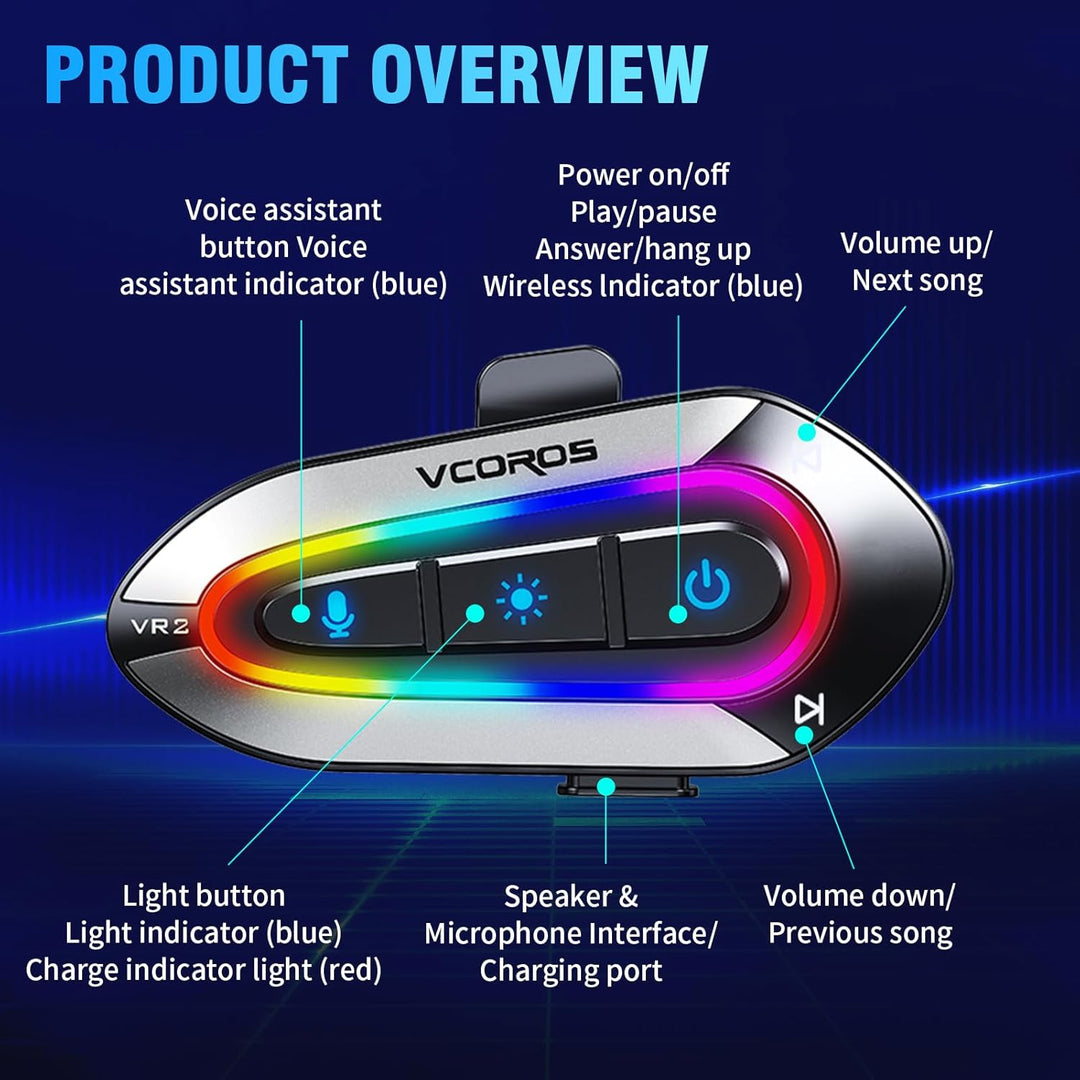 Motorrad Headset,VR2 Motorrad Bluetooth Headset,RGB Schillernde Lichter,DSP&CVC Doppelte Geräuschunt