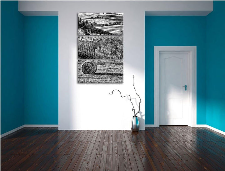 Pixxprint Monocrome, Italienische Toskana Landschaft 3-Teiler Leinwandbild 120x80 Bild auf Leinwand