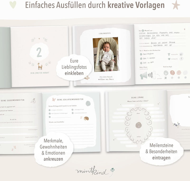 mintkind® Mein erstes Jahr Babyalbum Pattern Salbei – sanftes Babytagebuch mit 176 Seiten und Sticke