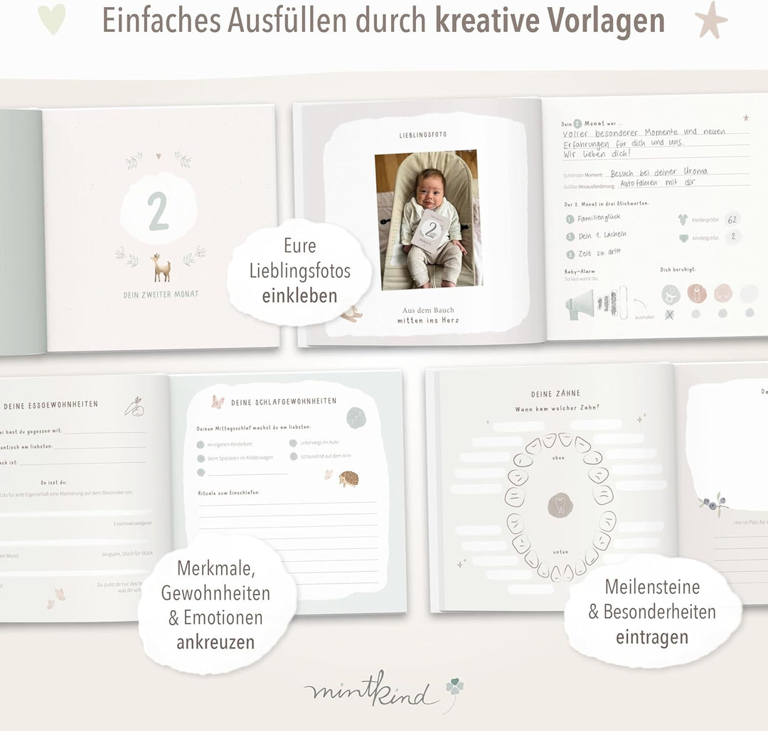 mintkind® Mein erstes Jahr Babyalbum Pattern – sanftes Babytagebuch mit 176 Seiten und Sticker-Set f