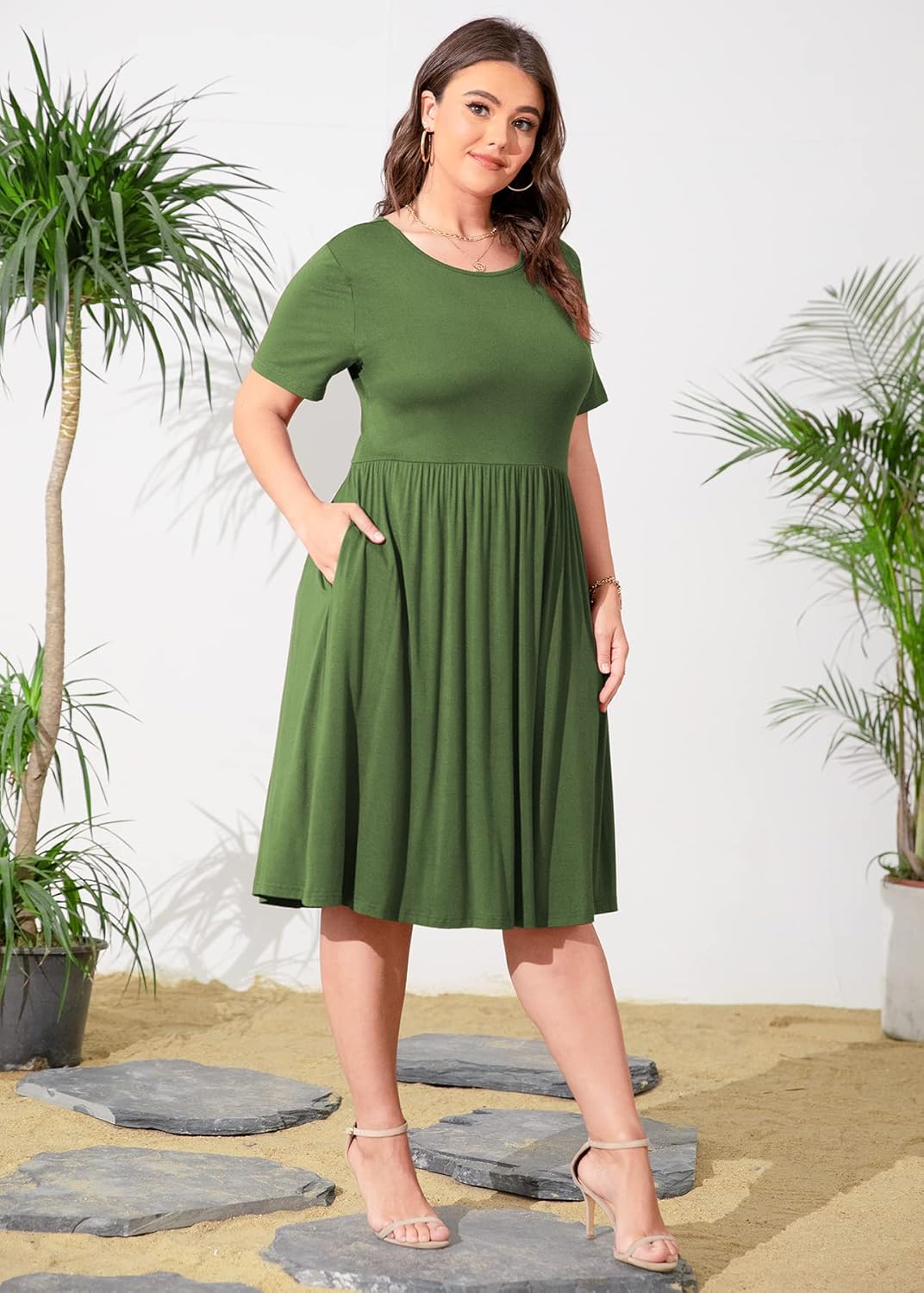 POSESHE Damen-Sommerkleid in Übergrösse 2023, lässig, kurzärmelig, Empire-Taille, lockere Passform,