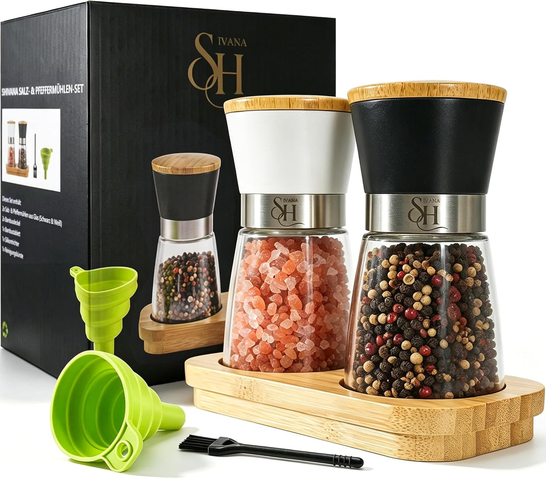SHIVANA Salz und Pfeffermühle Set aus Glas & Bambus – 2er Gewürzmühlen Set mit Keramikmahlwerk – Man