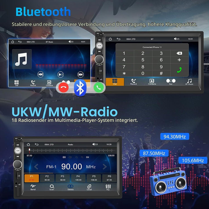 Wireless Carplay Android Auto 2 Din Autoradio, 7" HD Touchscreen Car Stereo MP5 Player, Unterstützun