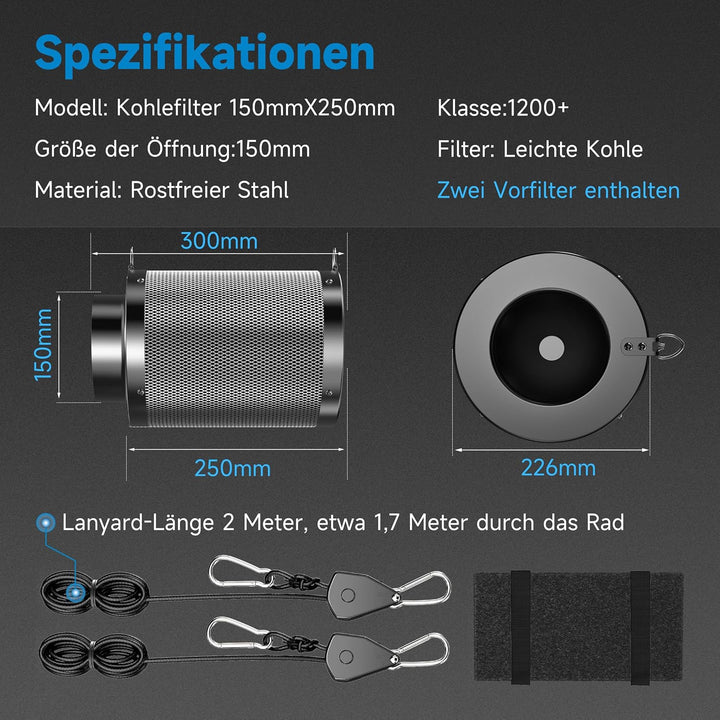 Hon&Guan Aktivkohlefilter 150mm mit Leichtes Carbon 250mm Lang, 38mm Dickes Holzkohlebett für Geruch