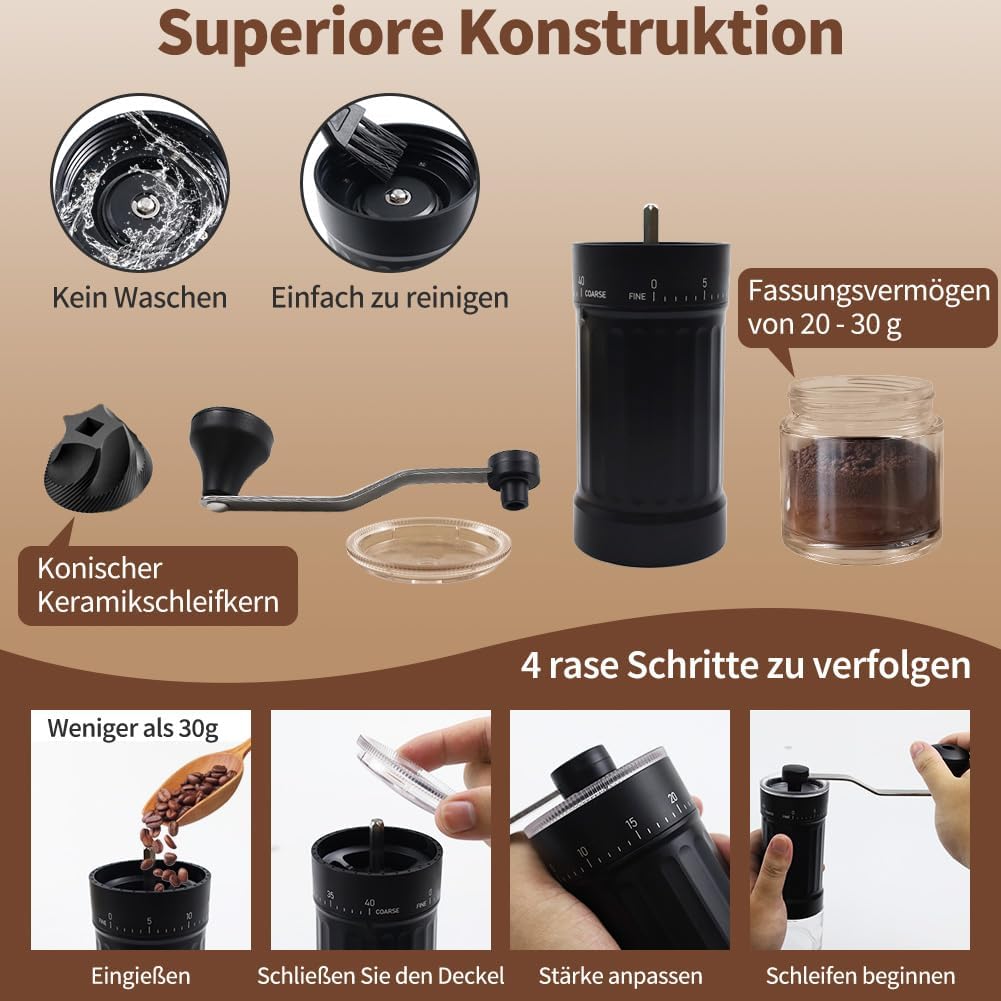 Kaffeemühle Manuell, Handmühle Kaffee Schwarz, Manuelle Kaffeemühle mit Keramikmahlwerk, 40-stufige