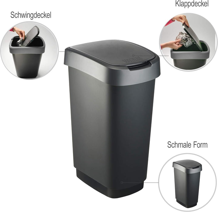 Rotho Twist Mülleimer 25l mit Deckel, Kunststoff (PP) BPA-frei, schwarz/silber, 25l (33.3 x 25.2 x 4