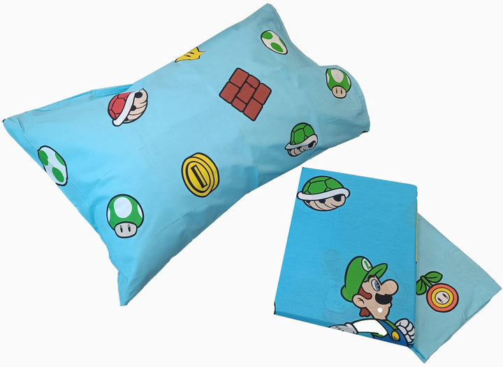 Super Mario Bettwäsche-Set für Einzelbett, Einzelbett, Kissenbezug, Spannbettlaken, 100% Baumwolle,