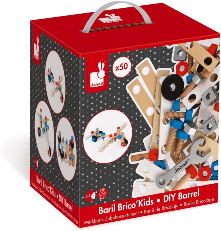 Janod - Brico'Kids Eimer mit 50 Teilen, Holz-Konstruktionsspiel und Spielzeugnachbildung, mit 5 Mode