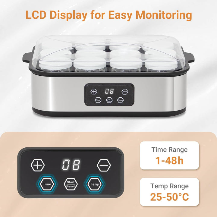 Todeco Joghurtbereiter mit 12 Gläsern à 180ml, Elektrischer Joghurtmaschine aus Edelstahl, Einstellb