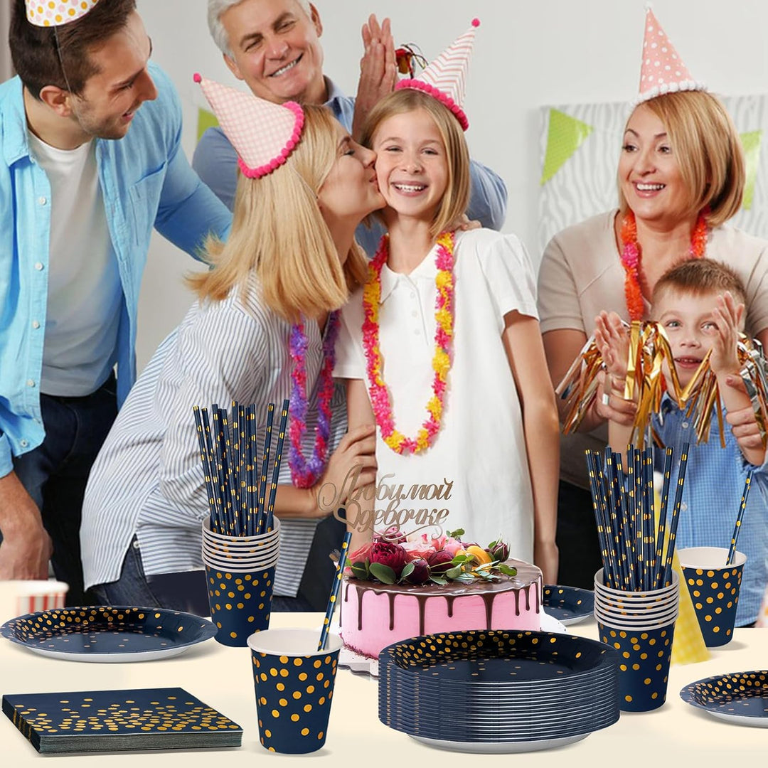 Nkaiso Partygeschirr 120 Stück Marineblaugold Kindergeburtstag Mädchen Party Deko Zubehör Set Papie