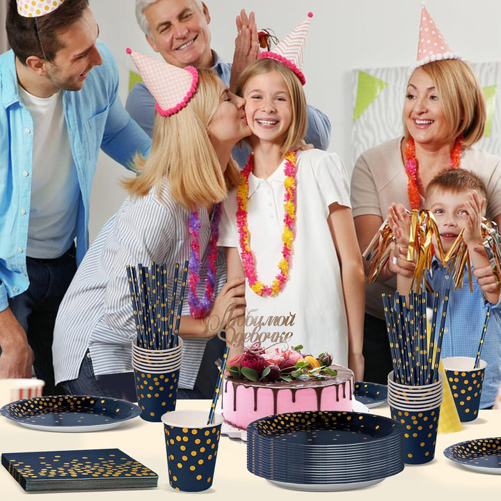 Nkaiso Partygeschirr 120 Stück Marineblaugold Kindergeburtstag Mädchen Party Deko Zubehör Set Papie
