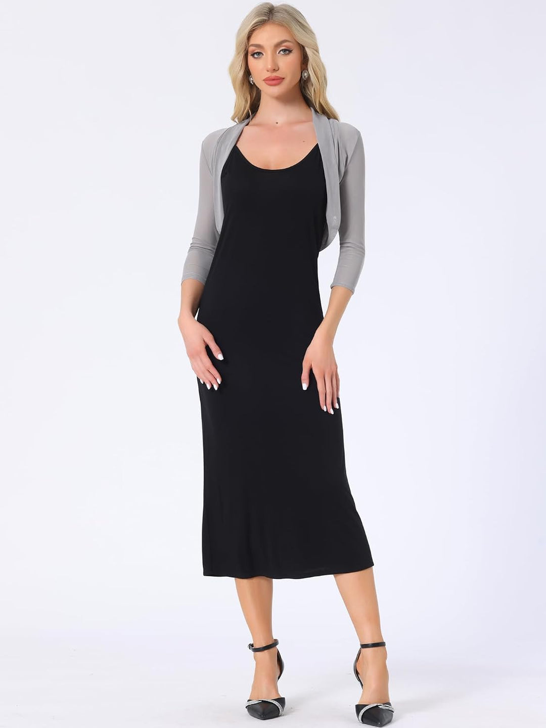 Allegra K Damen Bolero Festlich 3/4 Ärmel Rüschen Mesh Durchsichtig Crop Strickjacke Shrug Boleros X