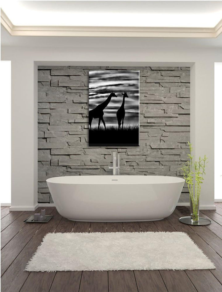 Pixxprint Monocrome, Afrika Giraffen im Sonnenuntergang, Format: 100x70 auf Leinwand, XXL riesige Bi