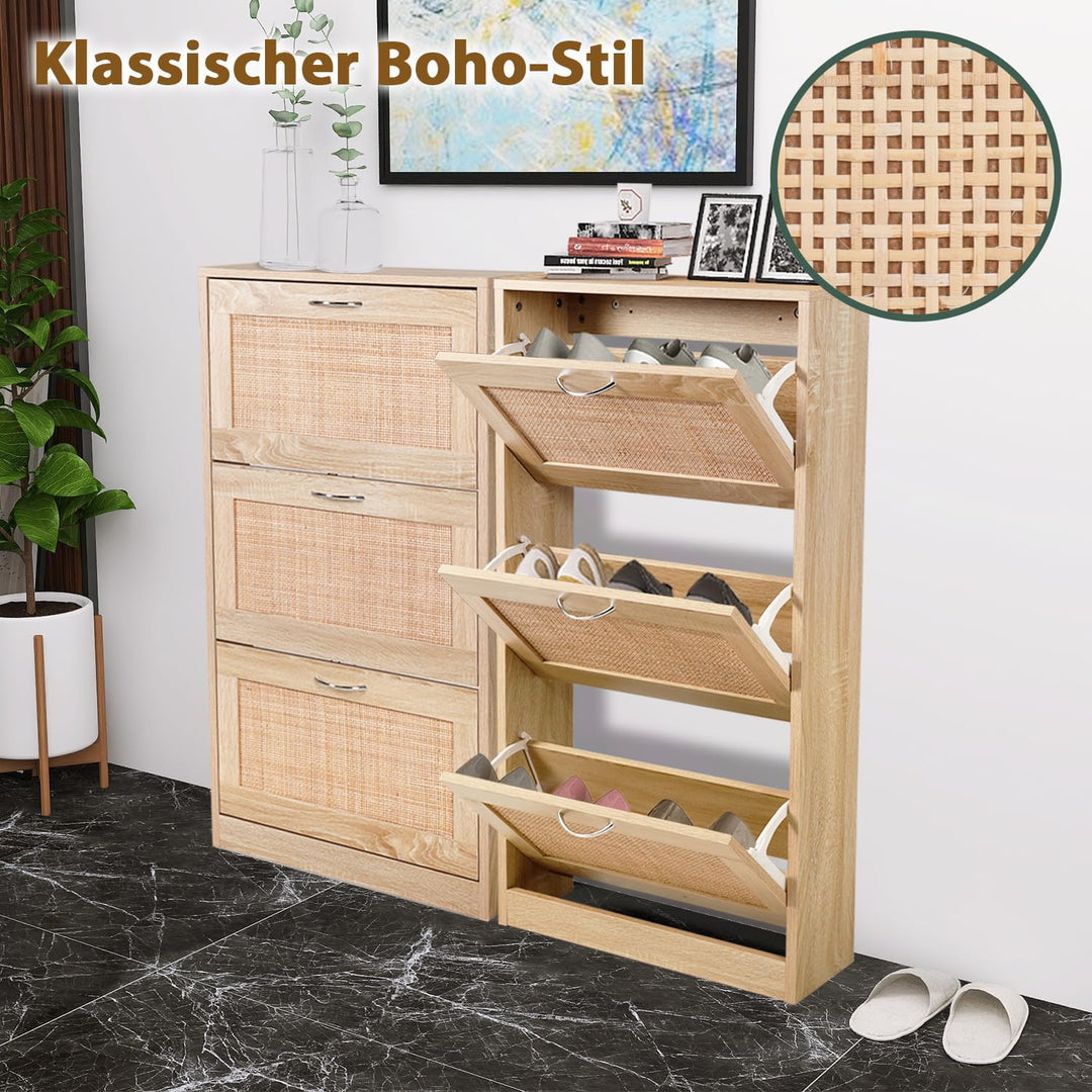 GRAVFORCE Schuhschrank 3 Klappen, Eingangsbereich, Rattan schmaler Schuhschrank Flip Down Schuhregal