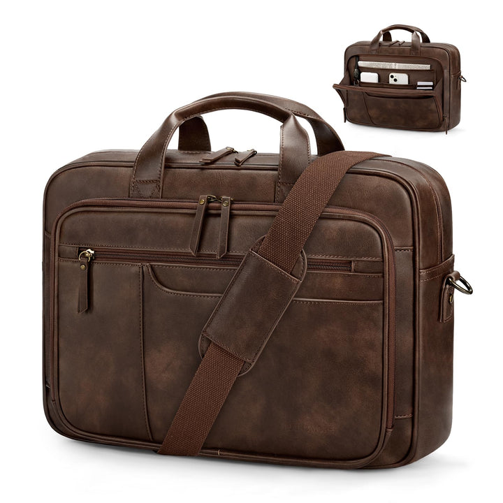 RAINSMORE Aktentasche Herren Vintage PU Leder 16 Zoll Laptoptasche | Arbeitstasche, Wasserdicht Lede
