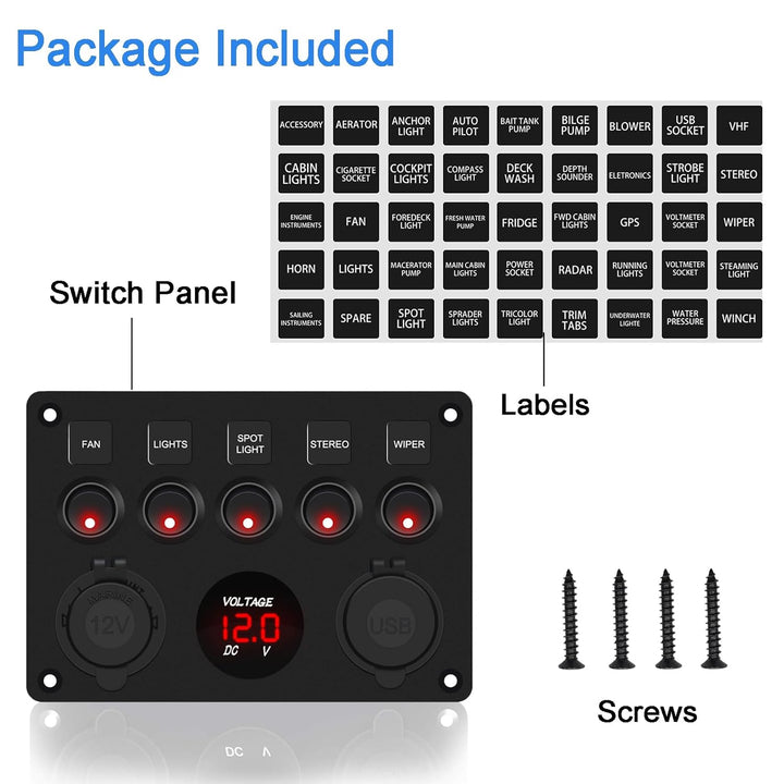 Geloo 5 Gang Schalter Panel, 12V/24V Kippschalter Panel IP65 Wasserdichte LED Voltmeter Dual USB Buc