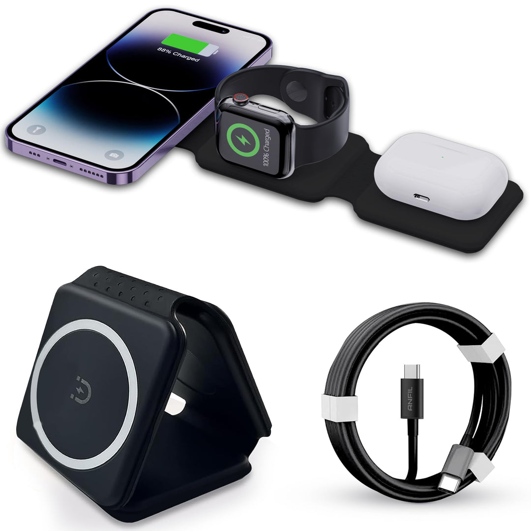 Mag-Safe Ladestation ANFIL® - Faltbare Kabelloses Apple Ladegerät 3-in-1, 15W - Folding Wireless Cha