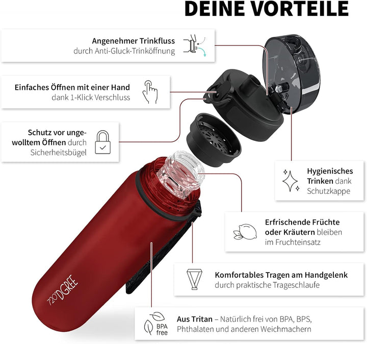 720°DGREE Trinkflasche “uberBottle“ 350ml, 500ml, 650ml, 1l, 1,5 Liter softTouch +Früchtebehälter -