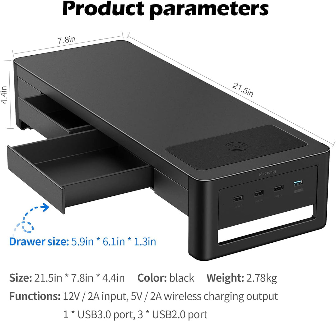 meatanty Monitorständer, 3 in 1 Monitorständer mit USB-Anschlüssen, kabellosem Ladegerät und Schubla