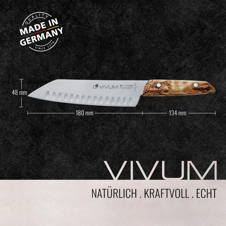 F. DICK Santoku VIVUM 18 cm - rostfrei, Klinge extra scharf, 58 HRC, Kullenschliff Kochmesser Birken