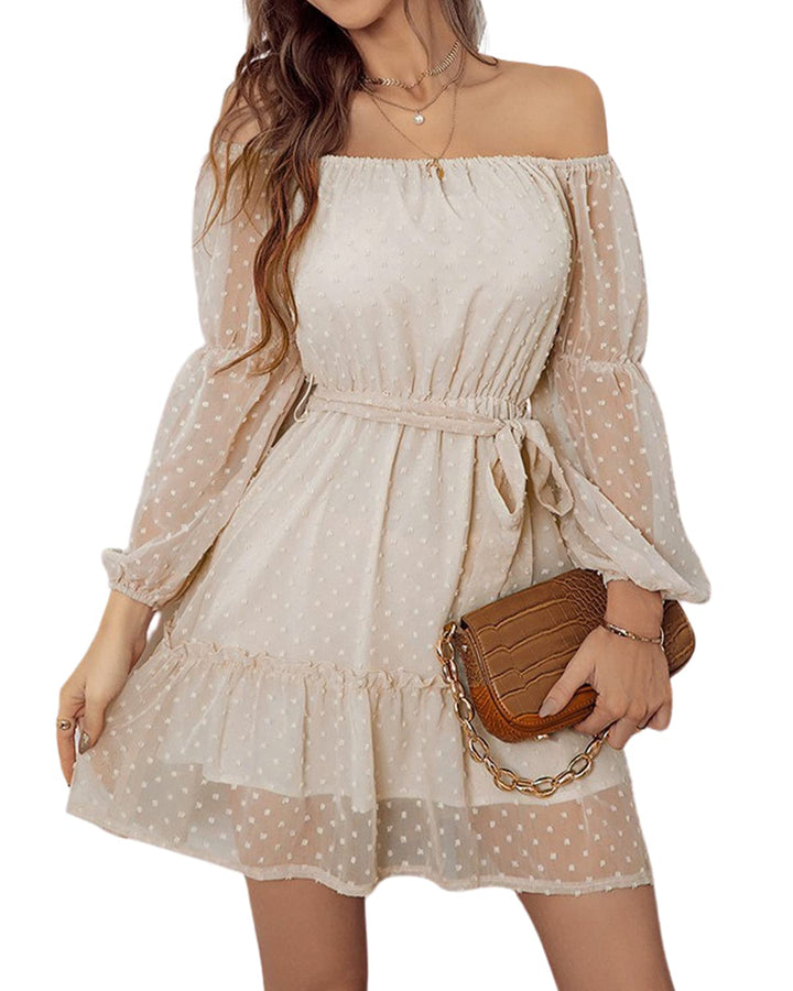 BebreezChic Kleid Damen Elegant Langarm Off Shoulder Einfarbig Swiss Dot Luftig Sommerkleid Miniklei
