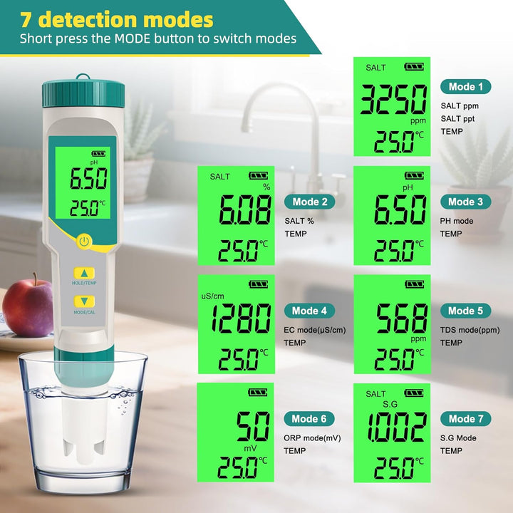 7in1 PH Messgerät Wasser, TDS, ORP, Salz, Temp - PH Wert Messgerät, ein praktisches tragbares Messge