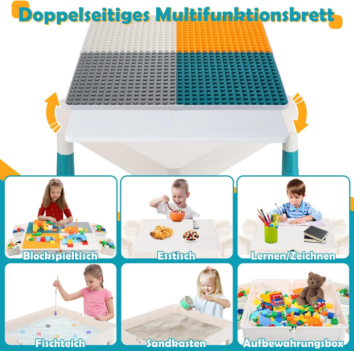 Kindertisch mit 2 Stühlen, Bausteintisch 2-in-1 mit Wendplatte, höhenverstellbar 44/51 cm, Spieltisc