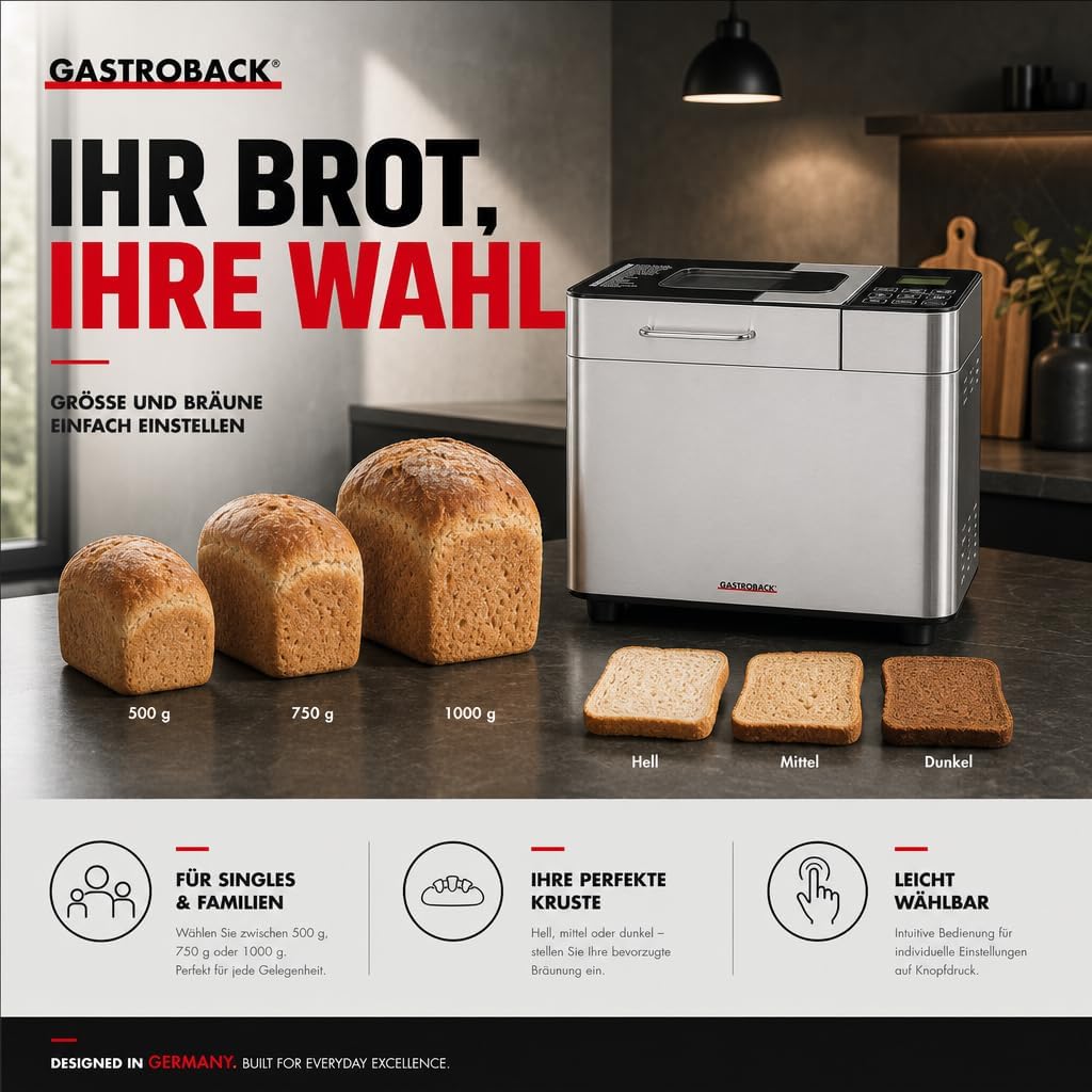 Gastroback 42823 Design Brotbackautomat Advanced, Edelstahl Brotbackmaschine 18 Programme, automatis