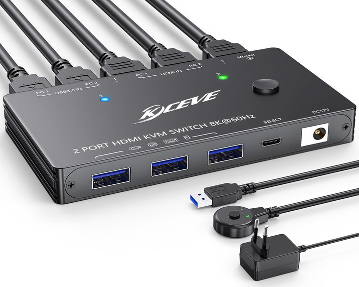 KVM Switch HDMI 8K@60Hz/4K@120Hz, HDMI2.1 KVM Switch 2 PC 1 Monitor with 3 USB3.0 Geräte, HDCP 2.3,
