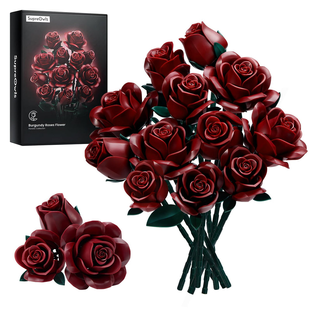 Millionspring Burgunderroter Rosenstrauss-Bausatz mit 12 burgunderroten künstlichen Rosen. Geschenke
