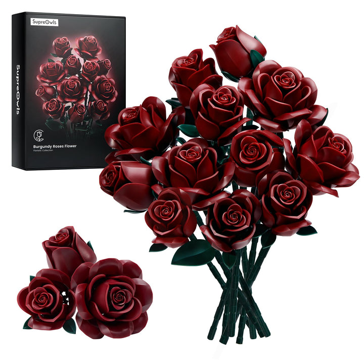 Millionspring Burgunderroter Rosenstrauss-Bausatz mit 12 burgunderroten künstlichen Rosen. Geschenke