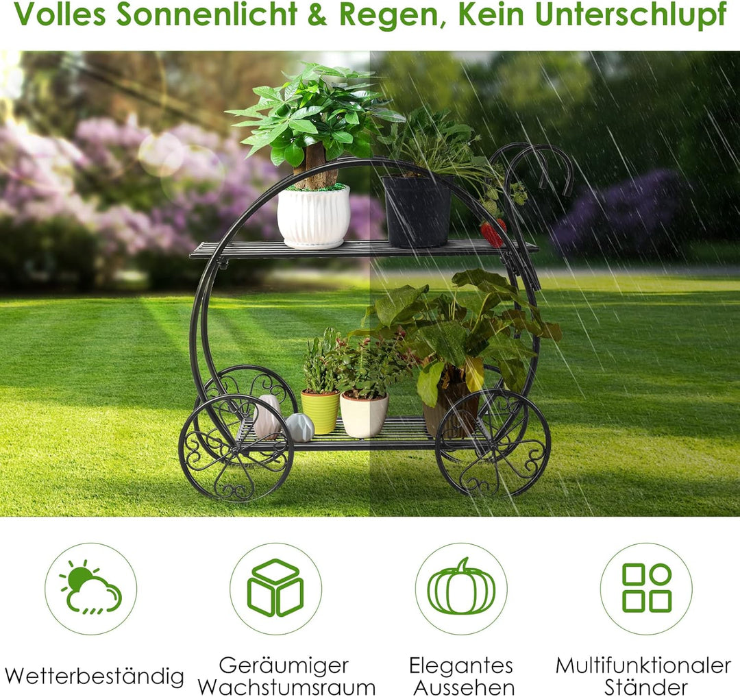 RELAX4LIFE Blumenregal 2-Stufig, Pflanzenständer Metall, Blumenständer mit Dekorativen Rollen, Blume